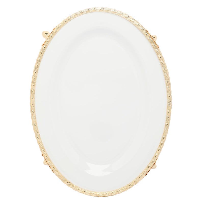 سوليتير طبق ميلامين بيضاوي فاخر مع اطار معدني وساق، أبيض/ذهبي - Image 3